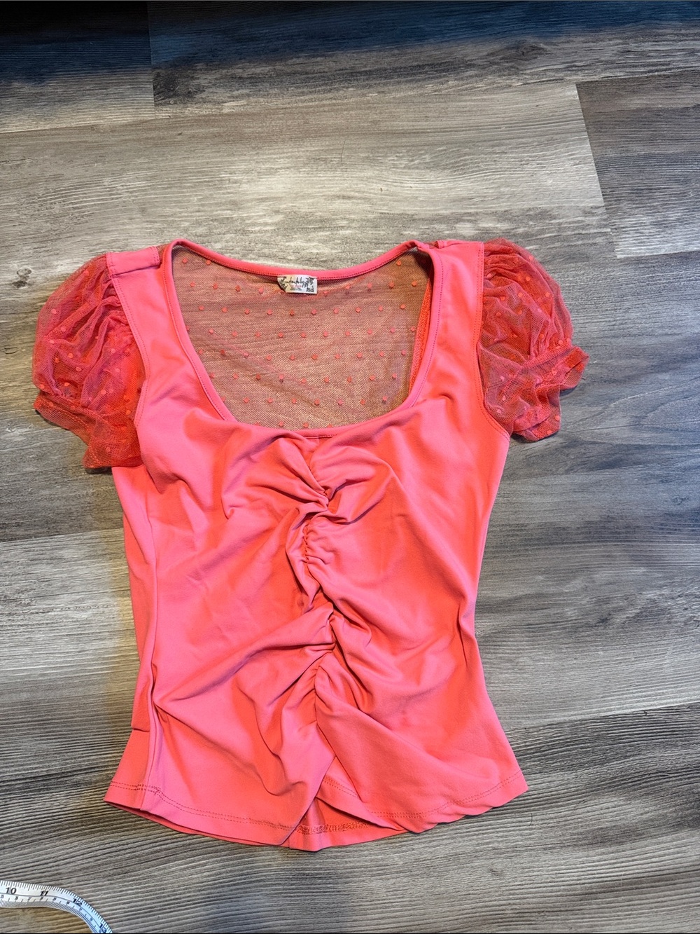 Free People Coral Pink Ruched Scoop Top with Sheer Puff Sleeves